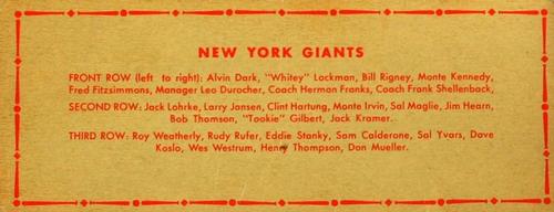 1951 Topps Teams #NNO New York Giants Back