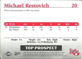 1999 Multi-Ad Midwest League Top Prospects Update #20 Michael Restovich Back