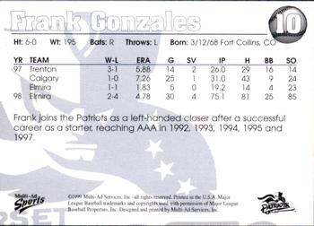 1999 Multi-Ad Somerset Patriots #10 Frank Gonzales Back