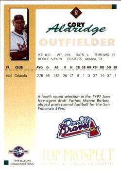 1998 Blueline Q-Cards Appalachian League Top Prospects #2 Cory Aldridge Back