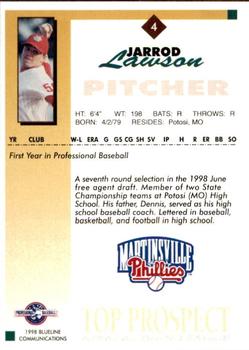1998 Blueline Q-Cards Appalachian League Top Prospects #4 Jarrod Lawson Back