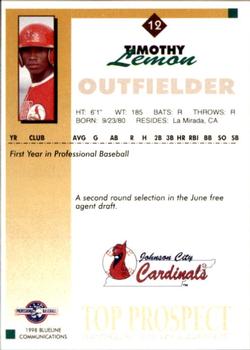 1998 Blueline Q-Cards Appalachian League Top Prospects #12 Timothy Lemon Back