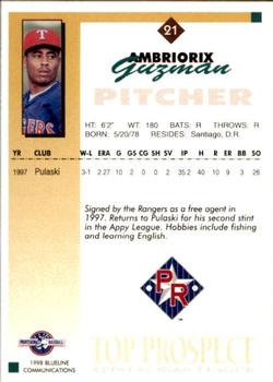1998 Blueline Q-Cards Appalachian League Top Prospects #21 Ambiorix Guzman Back