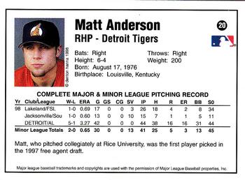 1998 Arizona Fall League Prospects #20 Matt Anderson Back