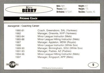 1998 Blueline Q-Cards Binghamton Mets #2 Ken Berry Back