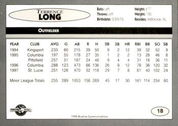 1998 Blueline Q-Cards Binghamton Mets #18 Terrence Long Back