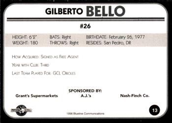 1998 Blueline Q-Cards Bluefield Orioles #13 Gilberto Bello Back