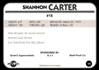 1998 Blueline Q-Cards Bluefield Orioles #14 Shannon Carter Back
