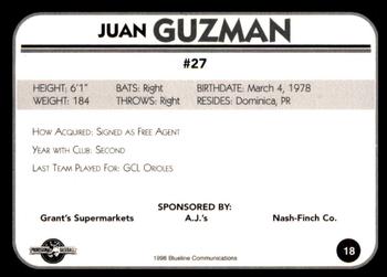 1998 Blueline Q-Cards Bluefield Orioles #18 Juan Guzman Back