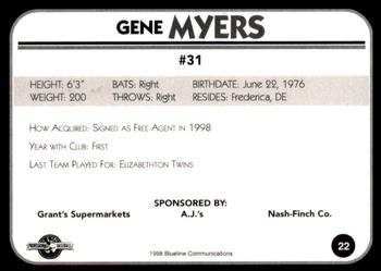 1998 Blueline Q-Cards Bluefield Orioles #22 Gene Myers Back