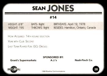 1998 Blueline Q-Cards Bluefield Orioles #28 Sean Jones Back