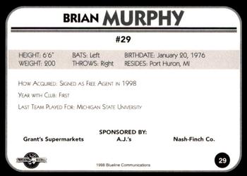 1998 Blueline Q-Cards Bluefield Orioles #29 Brian Murphy Back