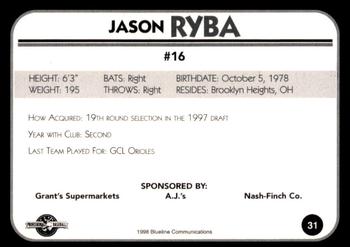 1998 Blueline Q-Cards Bluefield Orioles #31 Jason Ryba Back