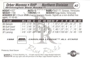 1998 Choice Carolina League All-Stars #2 Orber Moreno Back
