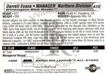 1998 Choice Carolina League All-Stars #20 Darrell Evans Back