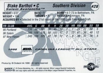 1998 Choice Carolina League All-Stars #28 Blake Barthol Back