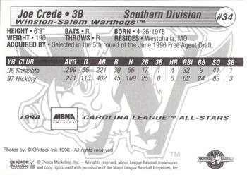1998 Choice Carolina League All-Stars #34 Joe Crede Back
