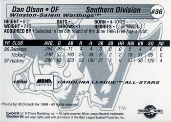 1998 Choice Carolina League All-Stars #36 Dan Olson Back