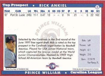 1998 Blueline Q-Cards Carolina League Top Prospects #1 Rick Ankiel Back