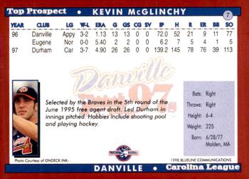 1998 Blueline Q-Cards Carolina League Top Prospects #7 Kevin McGlinchy Back