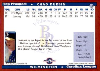1998 Blueline Q-Cards Carolina League Top Prospects #12 Chad Durbin Back