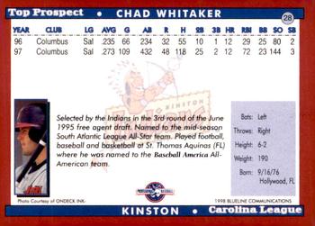 1998 Blueline Q-Cards Carolina League Top Prospects #28 Chad Whitaker Back