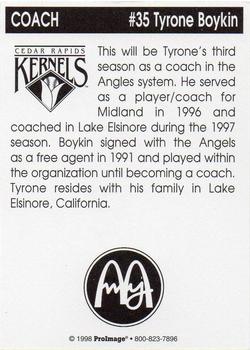1998 Cedar Rapids Kernels #NNO Tyrone Boykin Back