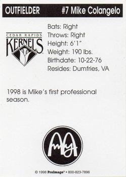 1998 Cedar Rapids Kernels #NNO Mike Colangelo Back