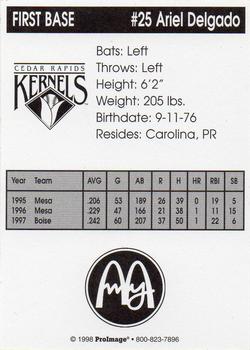1998 Cedar Rapids Kernels #NNO Ariel Delgado Back
