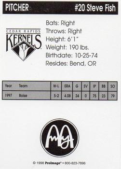 1998 Cedar Rapids Kernels #NNO Steve Fish Back