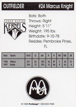1998 Cedar Rapids Kernels #NNO Marcus Knight Back