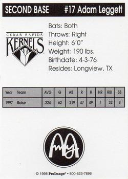 1998 Cedar Rapids Kernels #NNO Adam Leggett Back