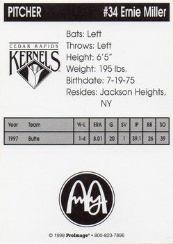 1998 Cedar Rapids Kernels #NNO Ernie Miller Back