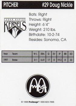 1998 Cedar Rapids Kernels #NNO Doug Nickle Back