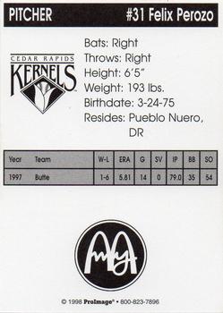 1998 Cedar Rapids Kernels #NNO Felix Perozo Back