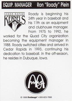 1998 Cedar Rapids Kernels #NNO Ron Plein Back