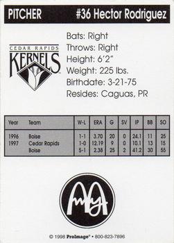 1998 Cedar Rapids Kernels #NNO Hector Rodriguez Back