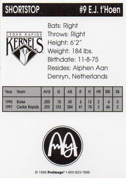 1998 Cedar Rapids Kernels #NNO E.J. t'Hoen Back