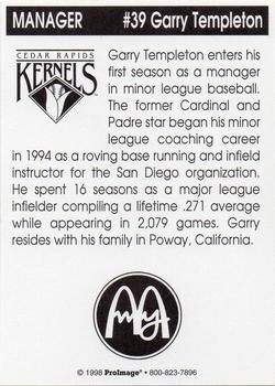 1998 Cedar Rapids Kernels #NNO Garry Templeton Back