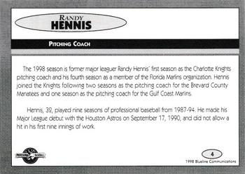 1998 Blueline Q-Cards Charlotte Knights #4 Randy Hennis Back