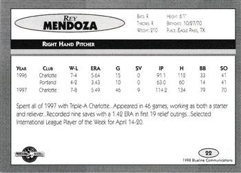 1998 Blueline Q-Cards Charlotte Knights #22 Reynol Mendoza Back
