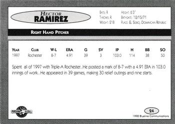 1998 Blueline Q-Cards Charlotte Knights #24 Hector Ramirez Back