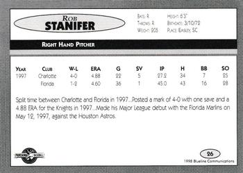 1998 Blueline Q-Cards Charlotte Knights #26 Rob Stanifer Back