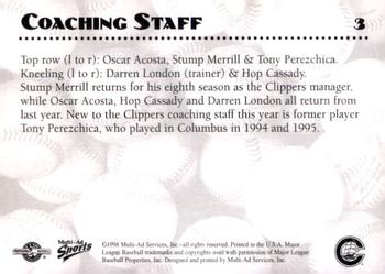 1998 Multi-Ad Columbus Clippers #3 Coaches Card Back