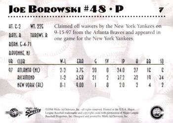1998 Multi-Ad Columbus Clippers #7 Joe Borowski Back