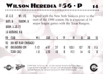 1998 Multi-Ad Columbus Clippers #14 Wilson Heredia Back