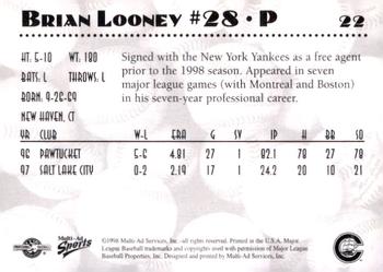 1998 Multi-Ad Columbus Clippers #22 Brian Looney Back