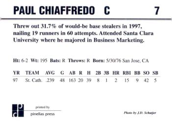 1998 Dunedin Blue Jays #7 Paul Chiaffredo Back