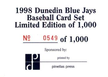 1998 Dunedin Blue Jays #NNO Title Card Back