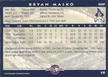 1998 Blueline Q-Cards Fort Wayne Wizards #19 Bryan Malko Back